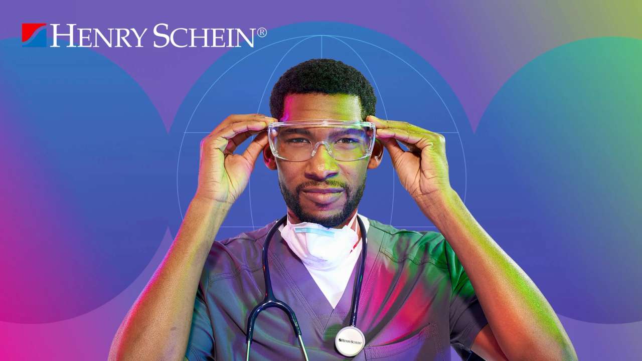 Portrait of a healthcare professional adjusting safety goggles with a stethoscope around the neck, set against a colorful gradient background with the Henry Schein logo.