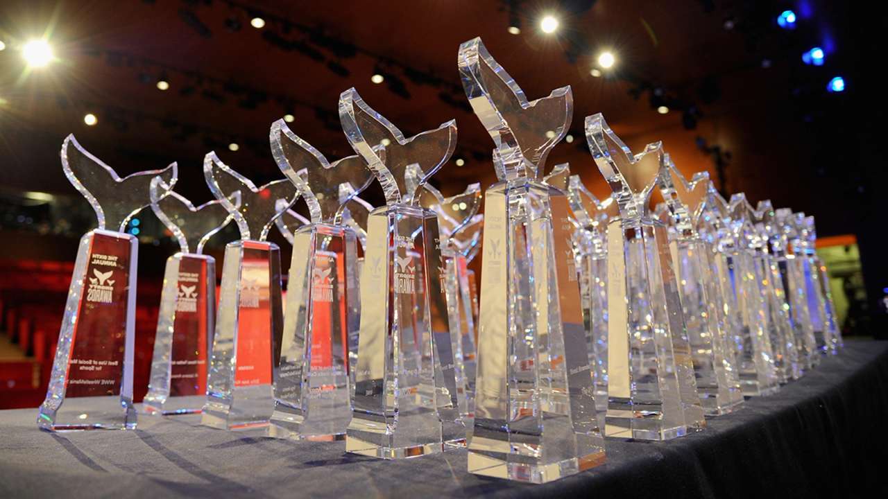 Crystal awards with bird design on top arranged on a table in a dimly lit auditorium with spotlights.