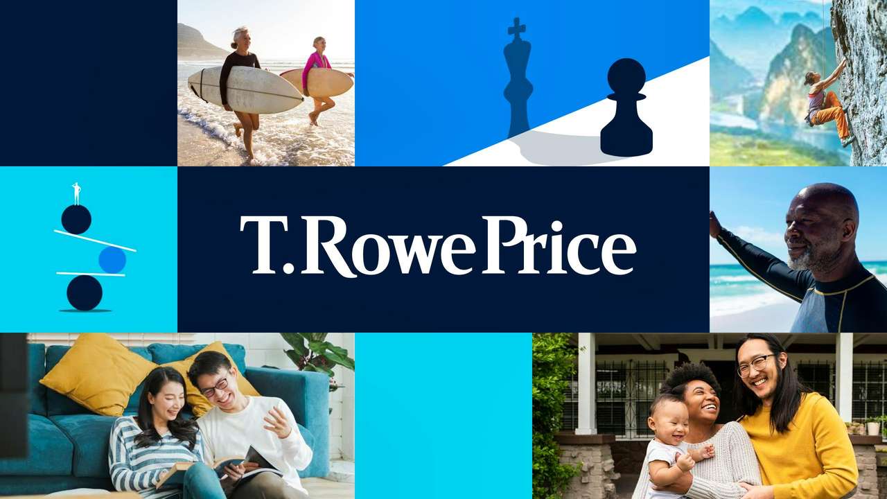 Collage of lifestyle and conceptual images for T. Rowe Price, featuring surfing, chess pieces, rock climbing, and family moments.