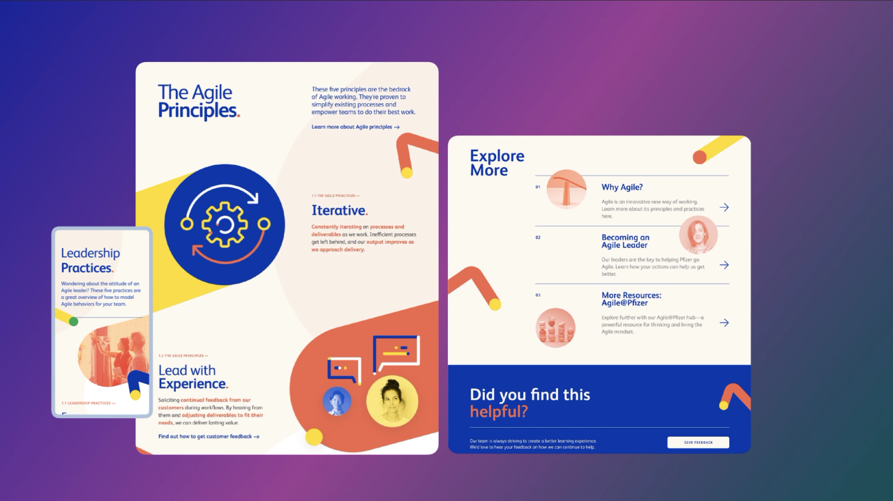 Digital presentation of Pfizer's Agile principles featuring leadership practices and iterative processes.