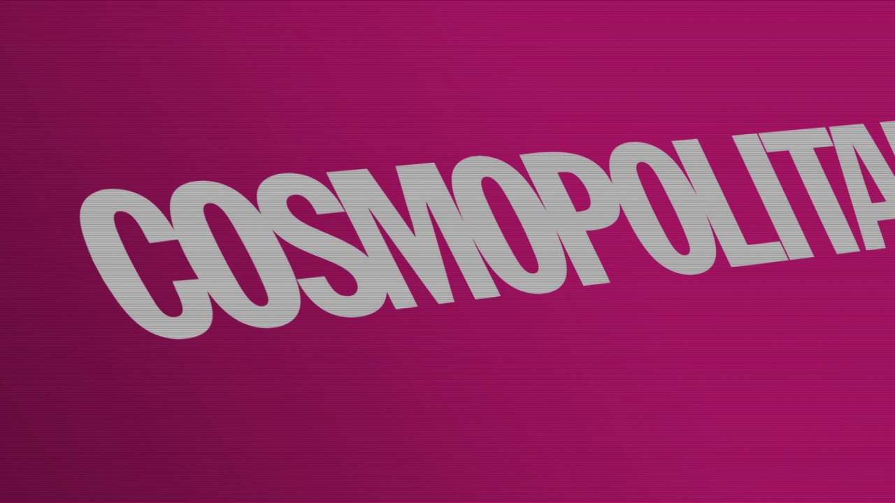 Logo for Cosmopolitan in bold white letters on a pink background.