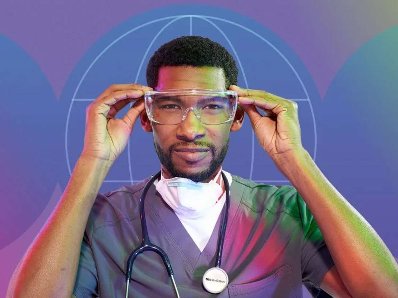 Portrait of a healthcare professional adjusting safety goggles with a stethoscope around the neck, set against a colorful gradient background with the Henry Schein logo.