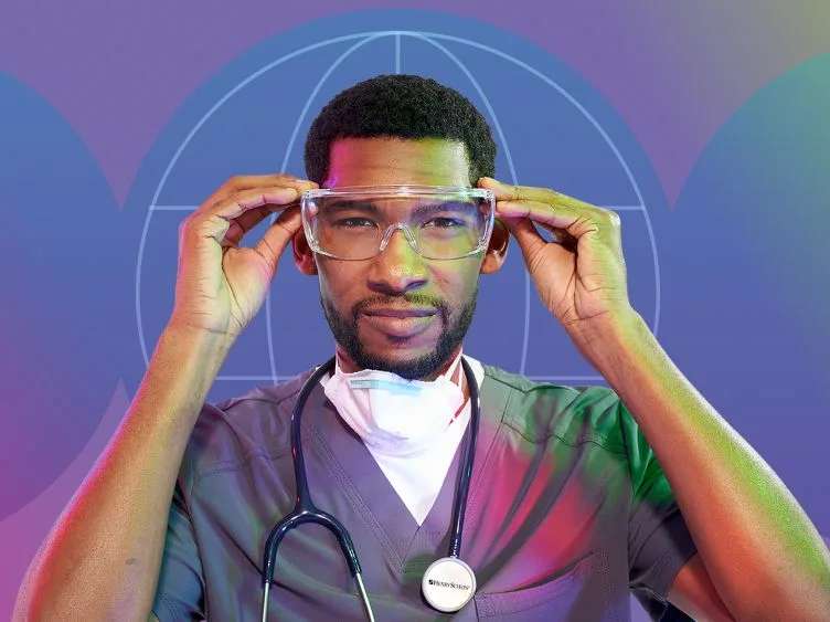 Portrait of a healthcare professional adjusting safety goggles with a stethoscope around the neck, set against a colorful gradient background with the Henry Schein logo.