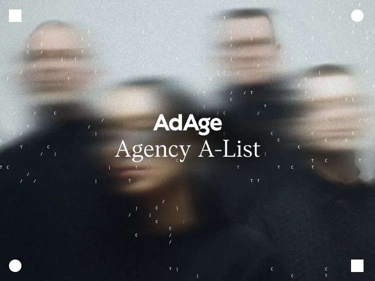 Blurred group of people with Ad Age and Code and Theory logos.