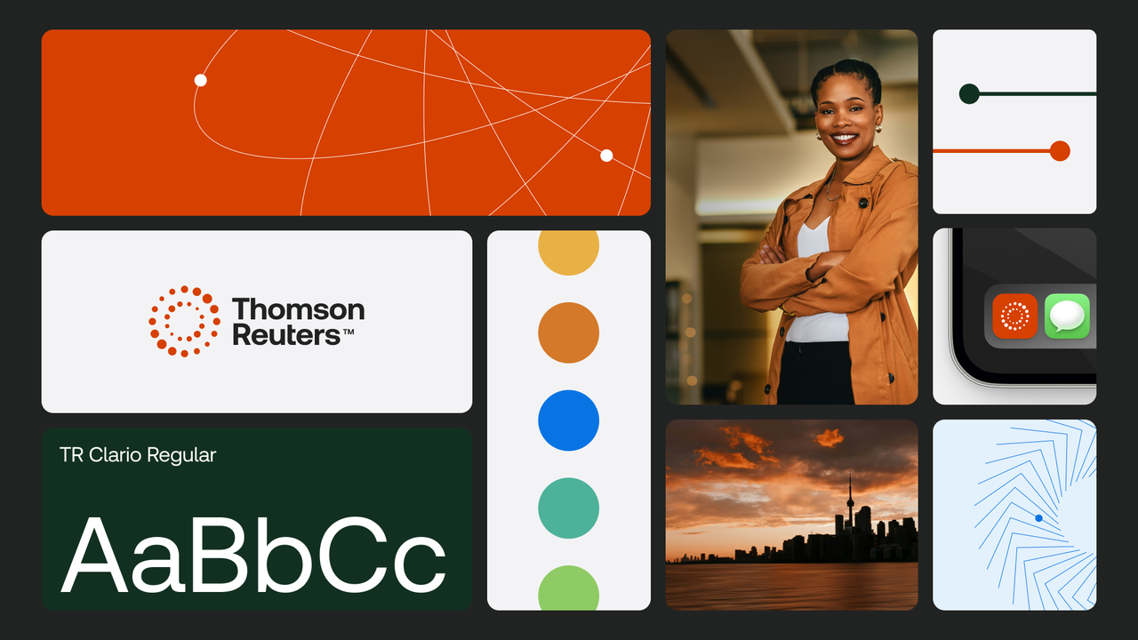 Design system component grid for Thomson Reuters showing logo, color palette, typography, and design elements.