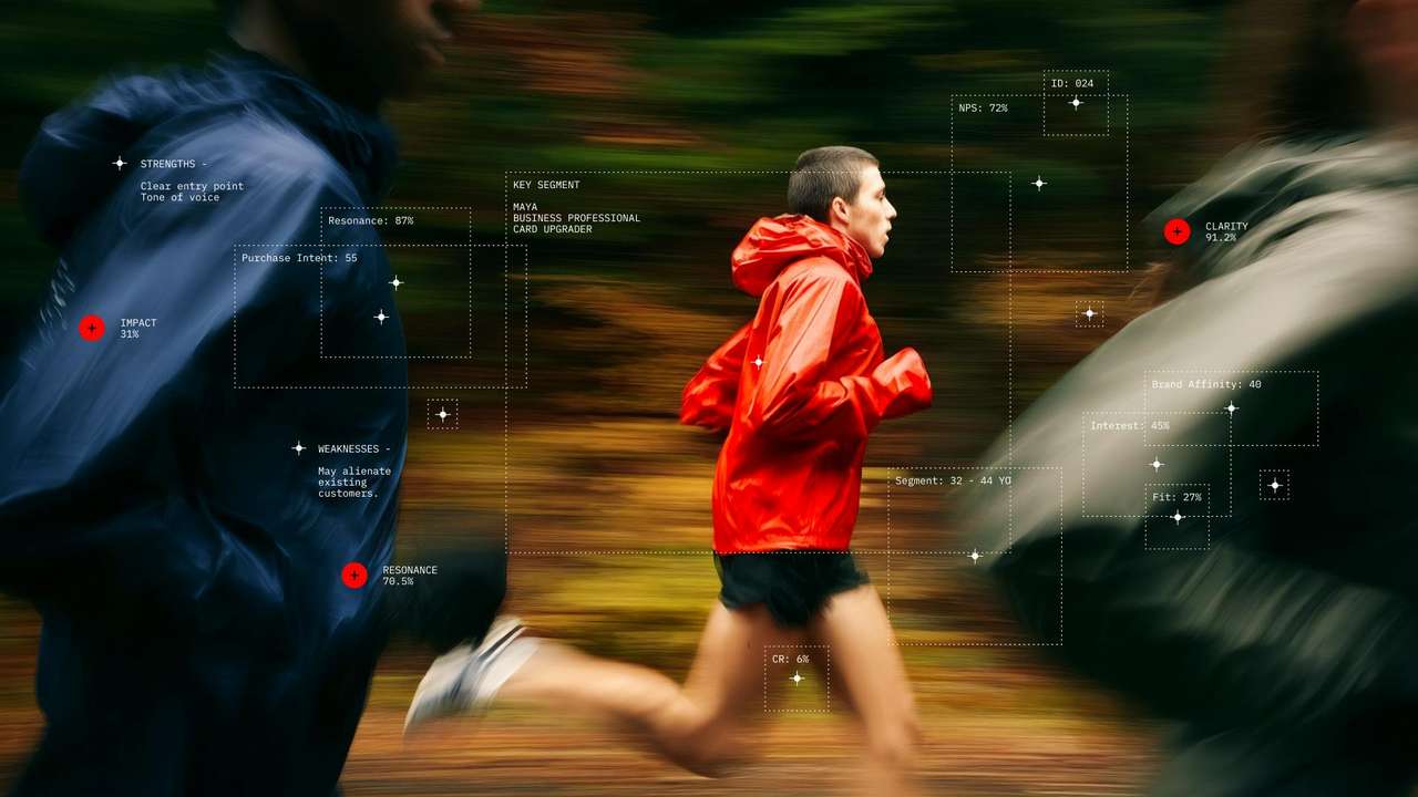 Photo of runners in motion with data overlay showing metrics like impact, resonance, and clarity.