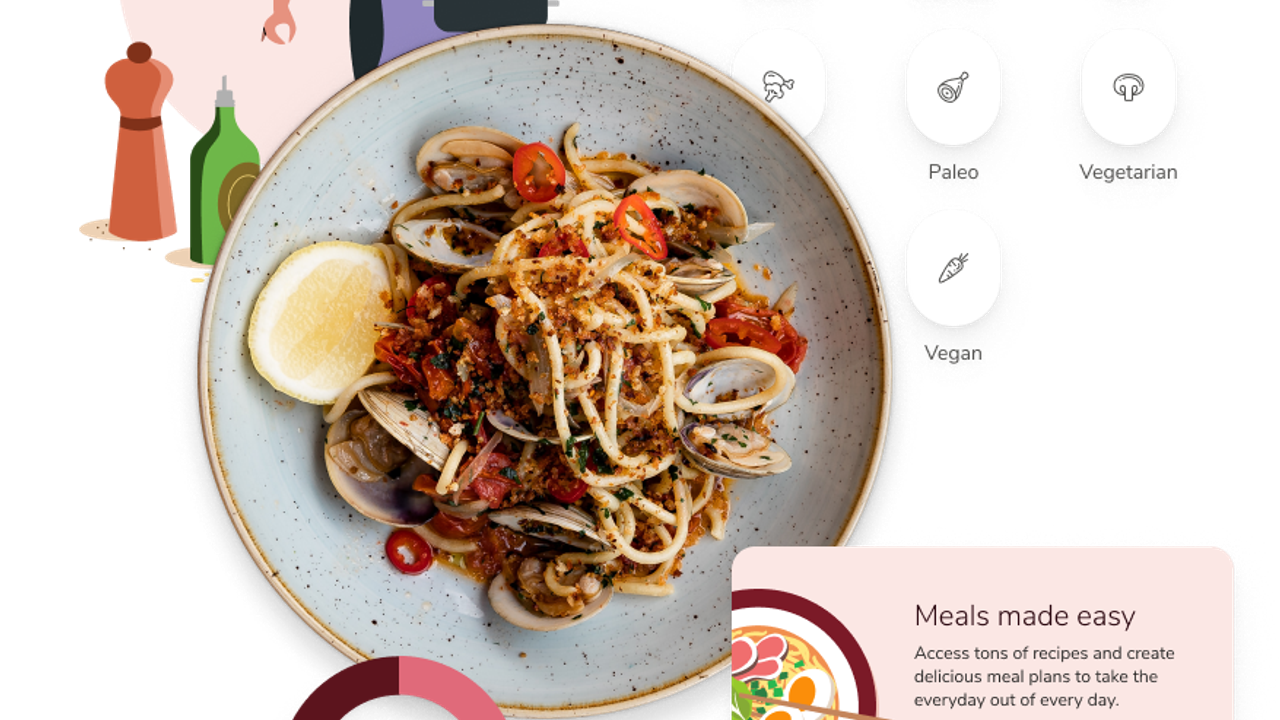 Illustration of a pasta dish with clams, tomatoes, lemon wedge, and cooking icons.