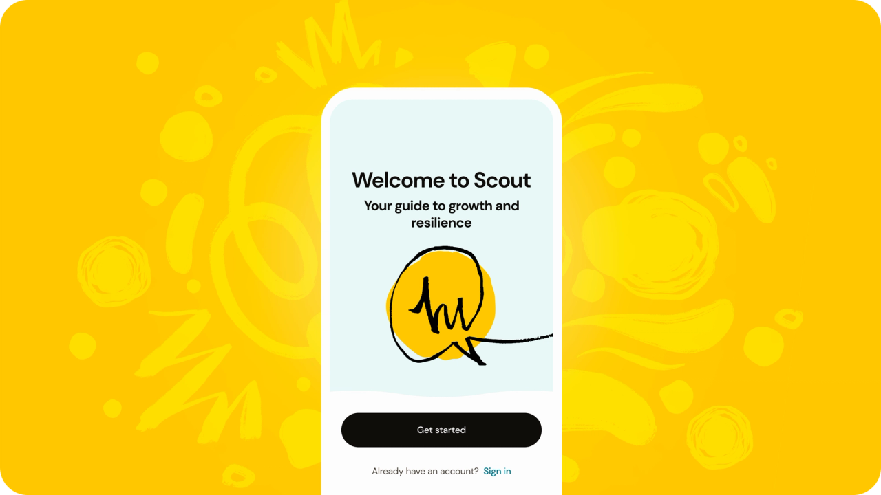 Mobile screen with 'Welcome to Scout' text, yellow speech bubble, 'Get started' and 'Sign in' options.