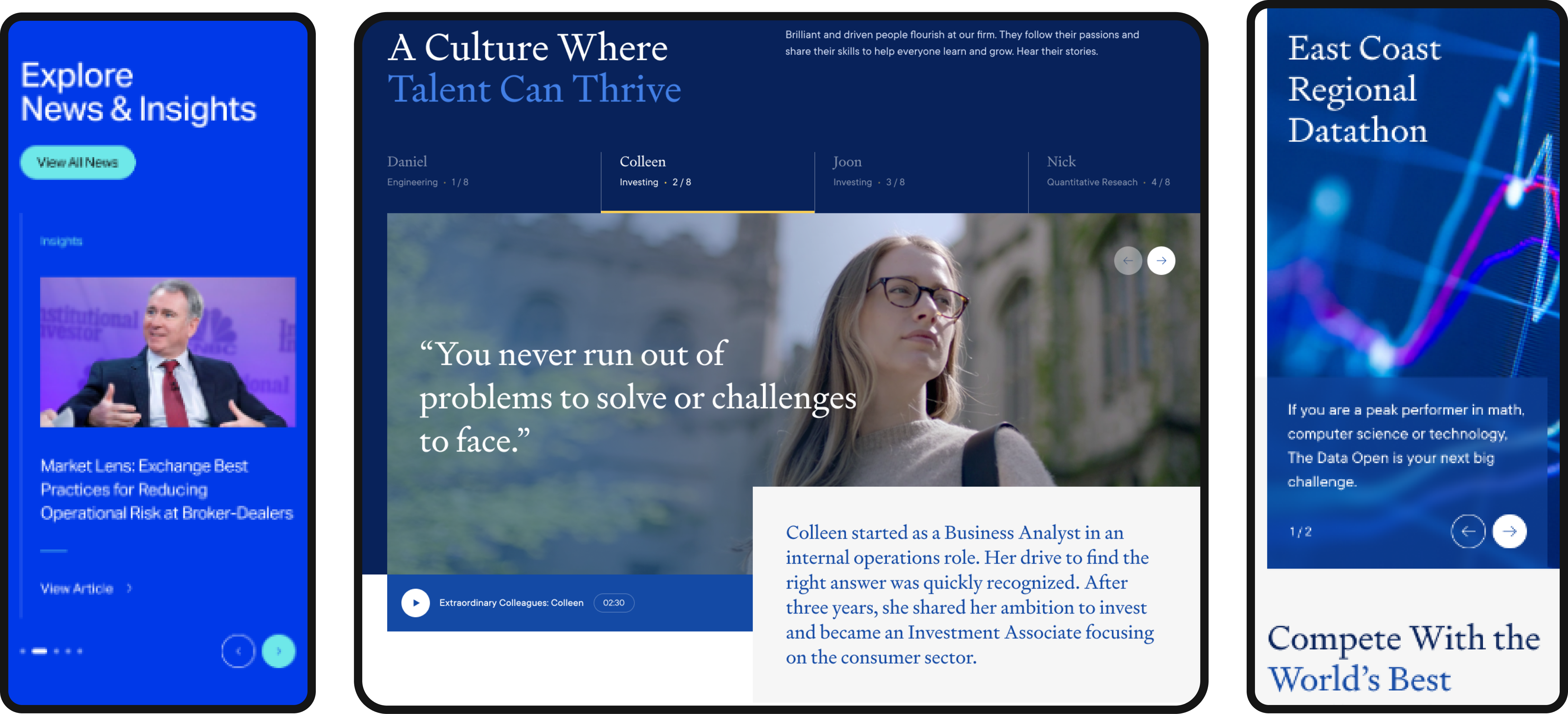 Digital display showcasing Citadel's talent and insights with sections on news, colleague stories, and data challenges.