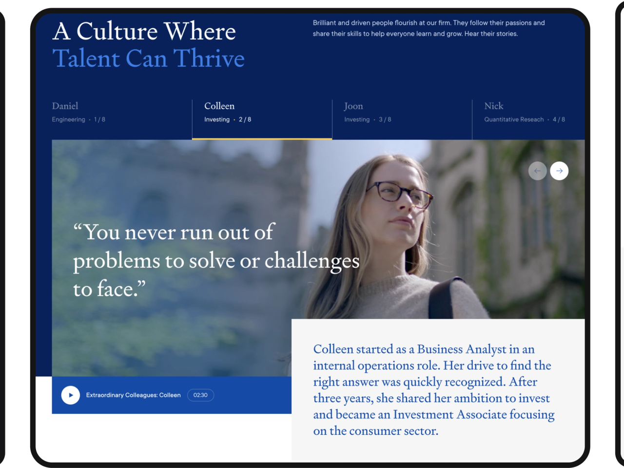 Digital display showcasing Citadel's talent and insights with sections on news, colleague stories, and data challenges.