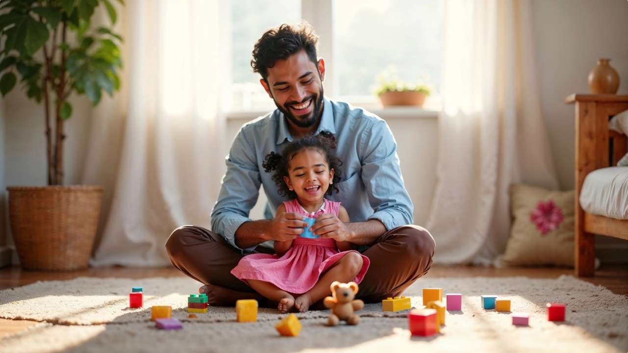 A father and his young daughter sit on the floor, surrounded by colorful toy blocks. The father is smiling, and the daughter is laughing, holding a blue block. A teddy bear is nearby.