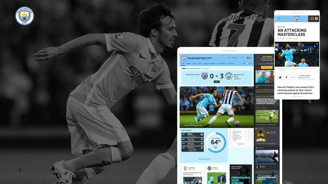 Manchester City football player in action with digital interface overlay showing match details and news.