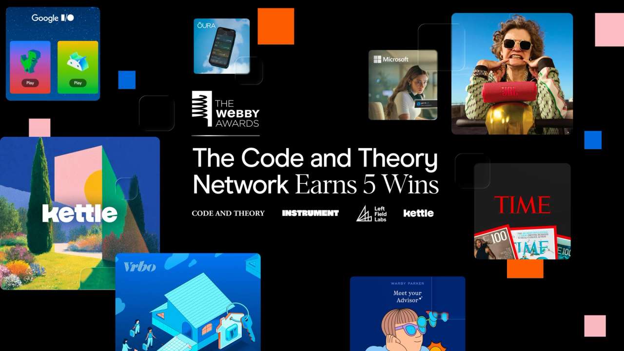Collage of Webby Award-winning projects by Code and Theory, featuring brands like Google, Oura, Microsoft, JBL, Kettle, Vrbo, and TIME.