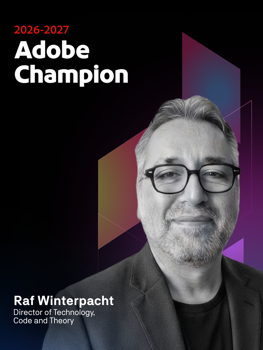 Portrait of Raf Winterpacht with Adobe Champion title and colorful geometric background.
