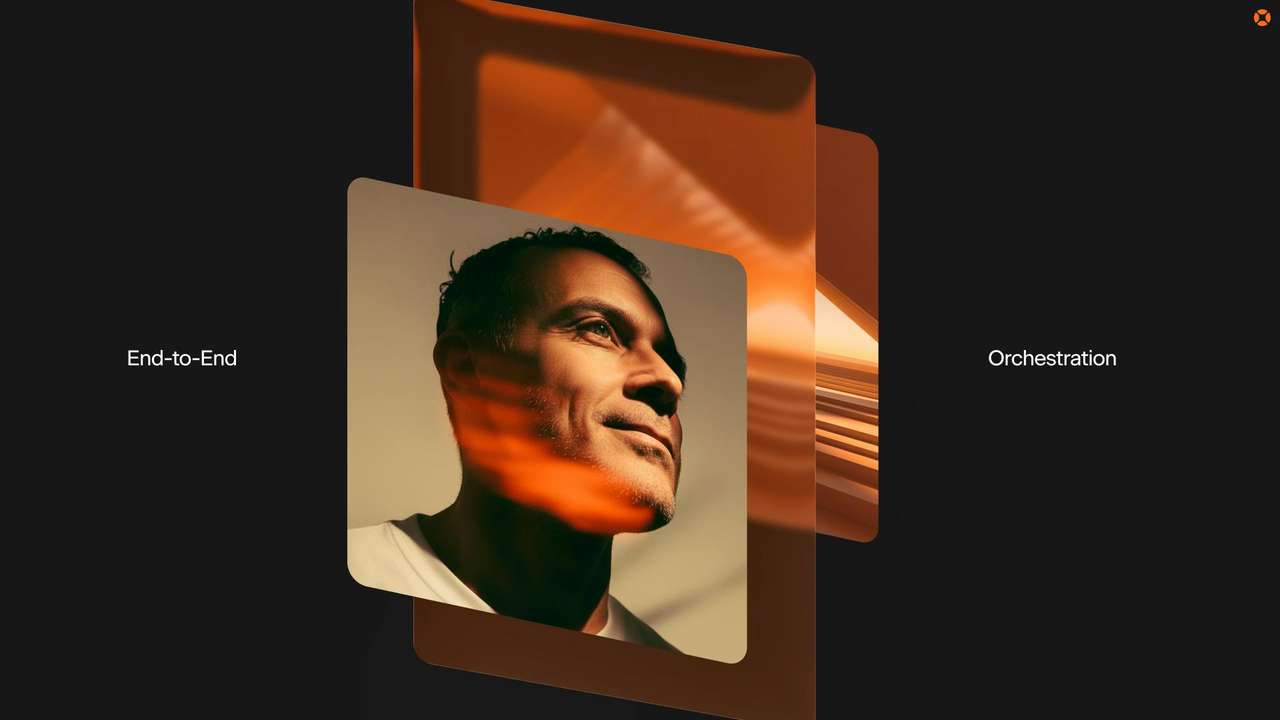 Digital artwork featuring a man's profile with the words 'End-to-End' and 'Orchestration' on a dark background.
