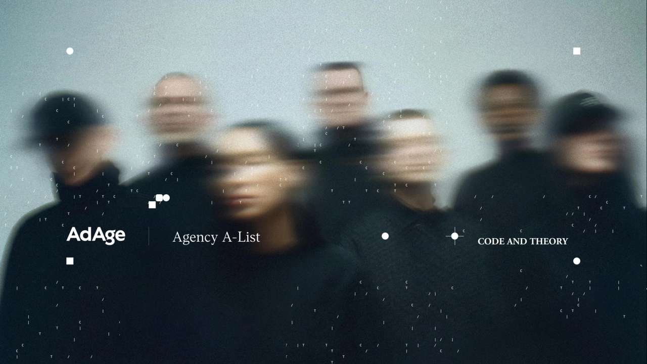Blurred group of people with Ad Age and Code and Theory logos.