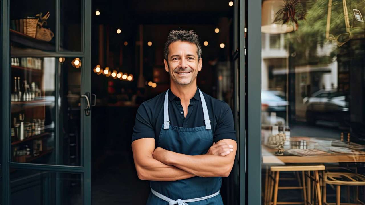Smiling man standing at the entrance of his restaurant