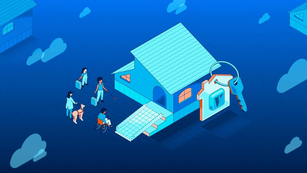 Illustration showing a house with a ramp and diverse people, including a person in a wheelchair and a person with a guide dog, approaching the house.