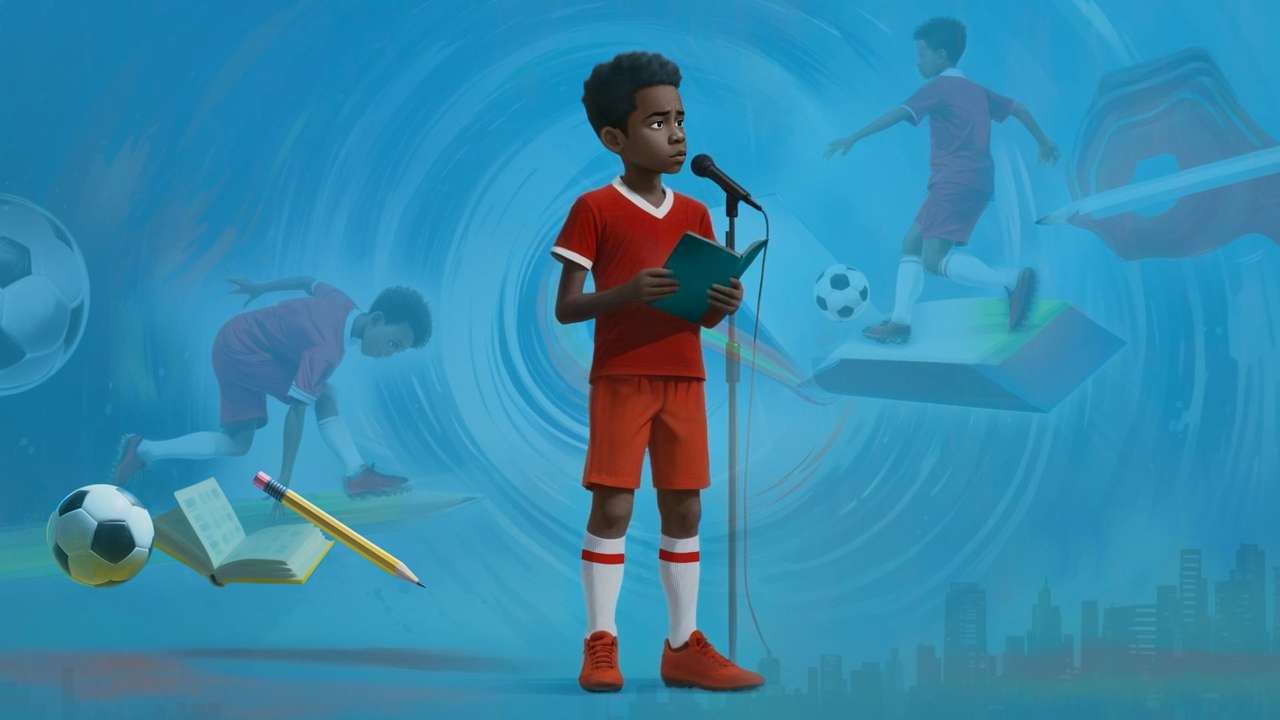Illustration of a child in red sports attire reading from a book at a microphone, surrounded by soccer imagery.