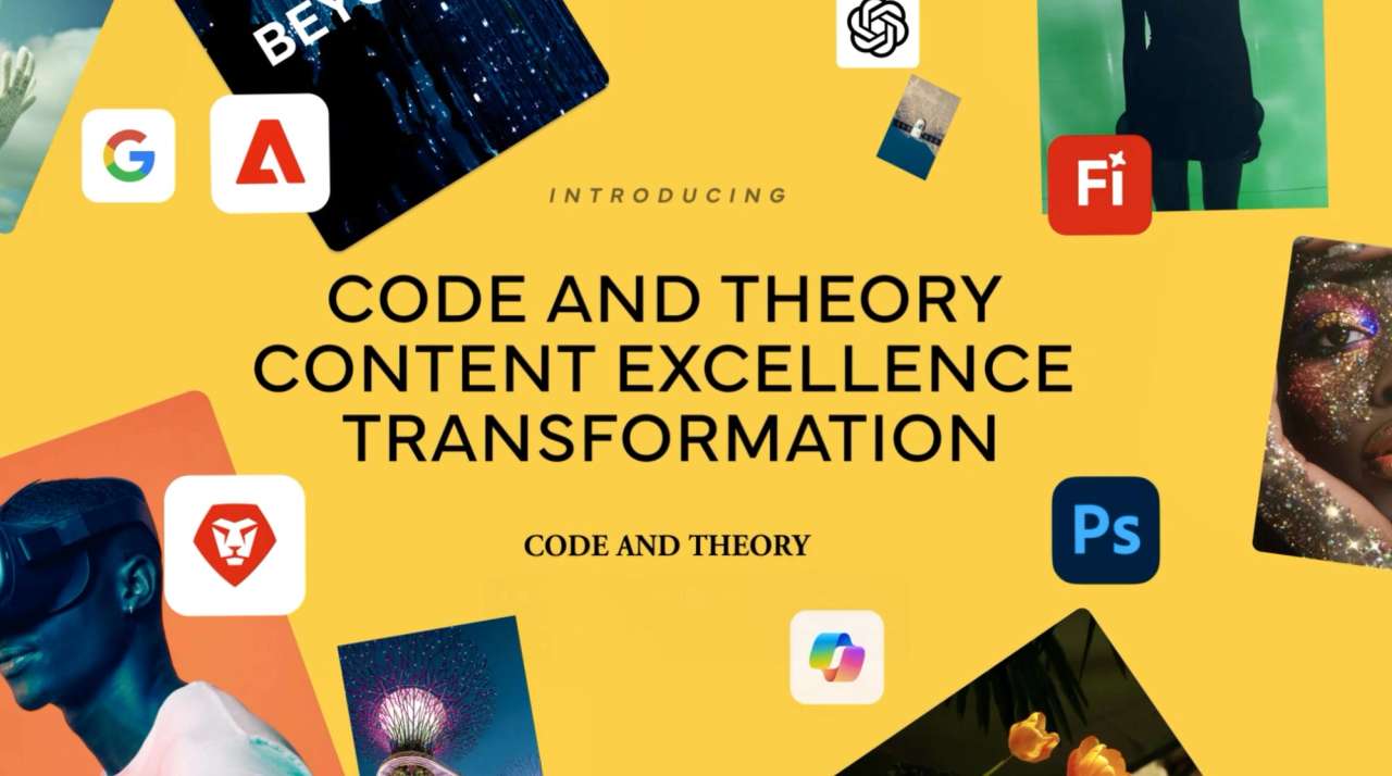 Promotional graphic for Code and Theory Content Excellence Transformation featuring digital icons and images.