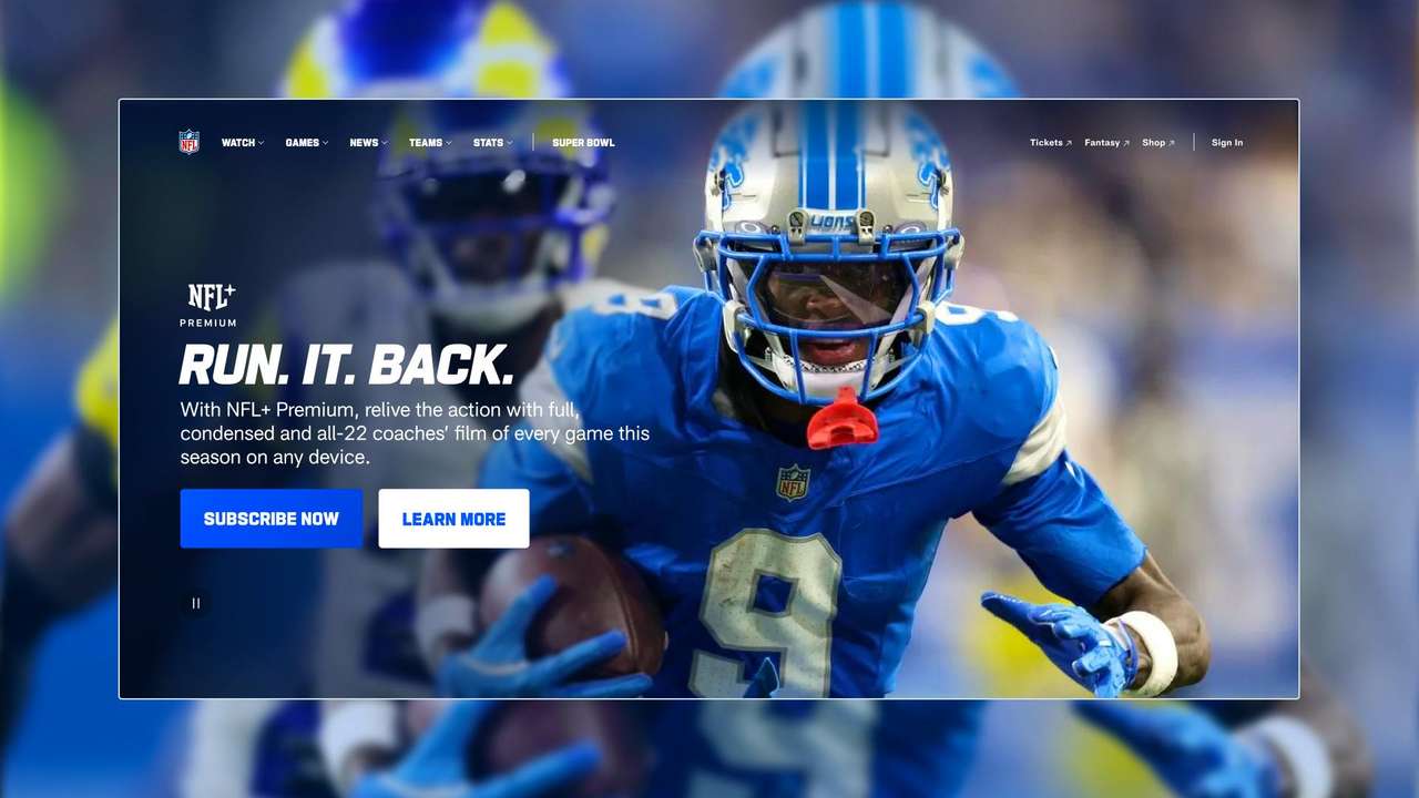 Website homepage for NFL+ Premium featuring an NFL player in a blue jersey with a call to action to subscribe.