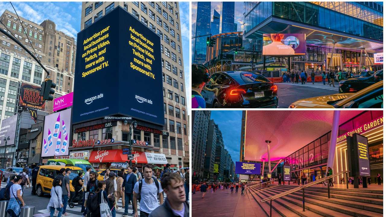 Out-of-home billboards for Amazon Ads promoting local business advertising on Prime Video and Twitch in urban settings.