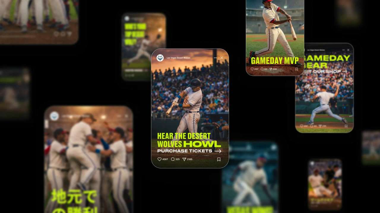 Instagram-style social media posts for Las Vegas Desert Wolves featuring baseball players and promotional text.