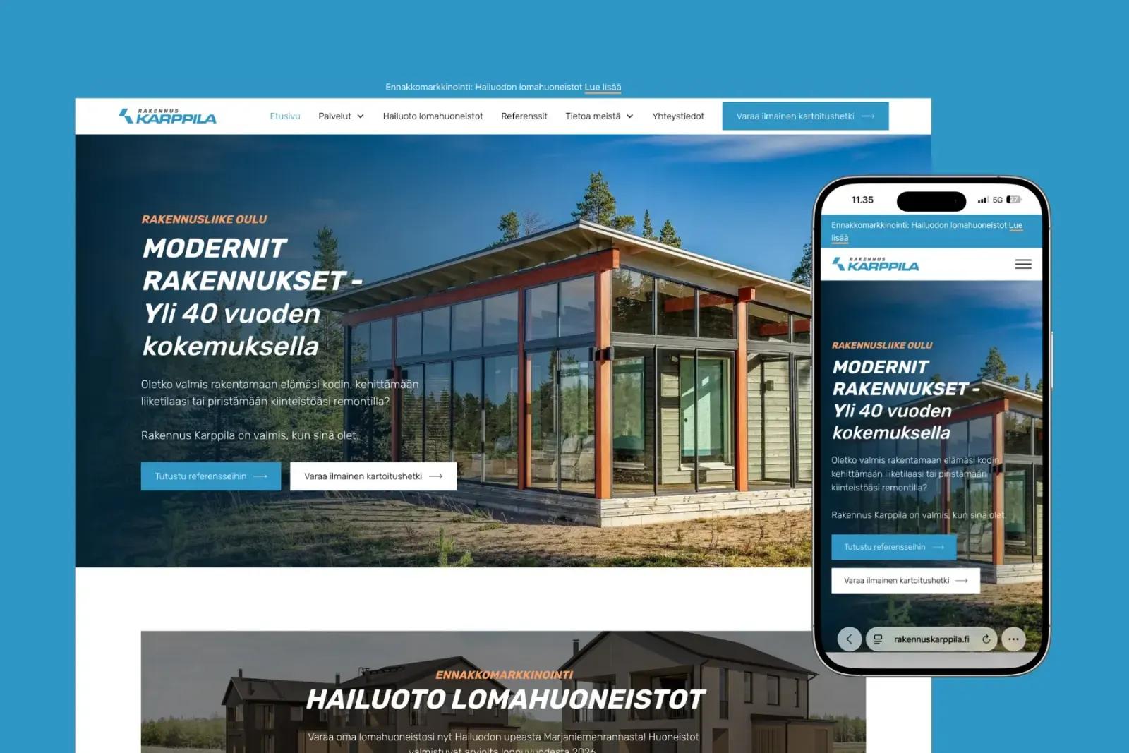 Rakennus Karppilalle verkkosivut tuomaan yrityksen yli 40 vuoden kokemuksen selkeästi esiin.