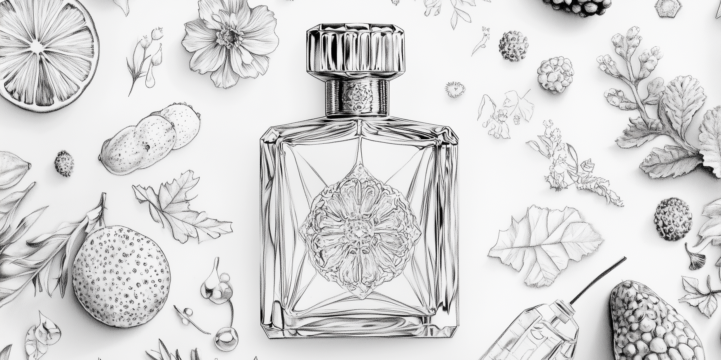 pencil drawing of a perfume bottle and ingredients