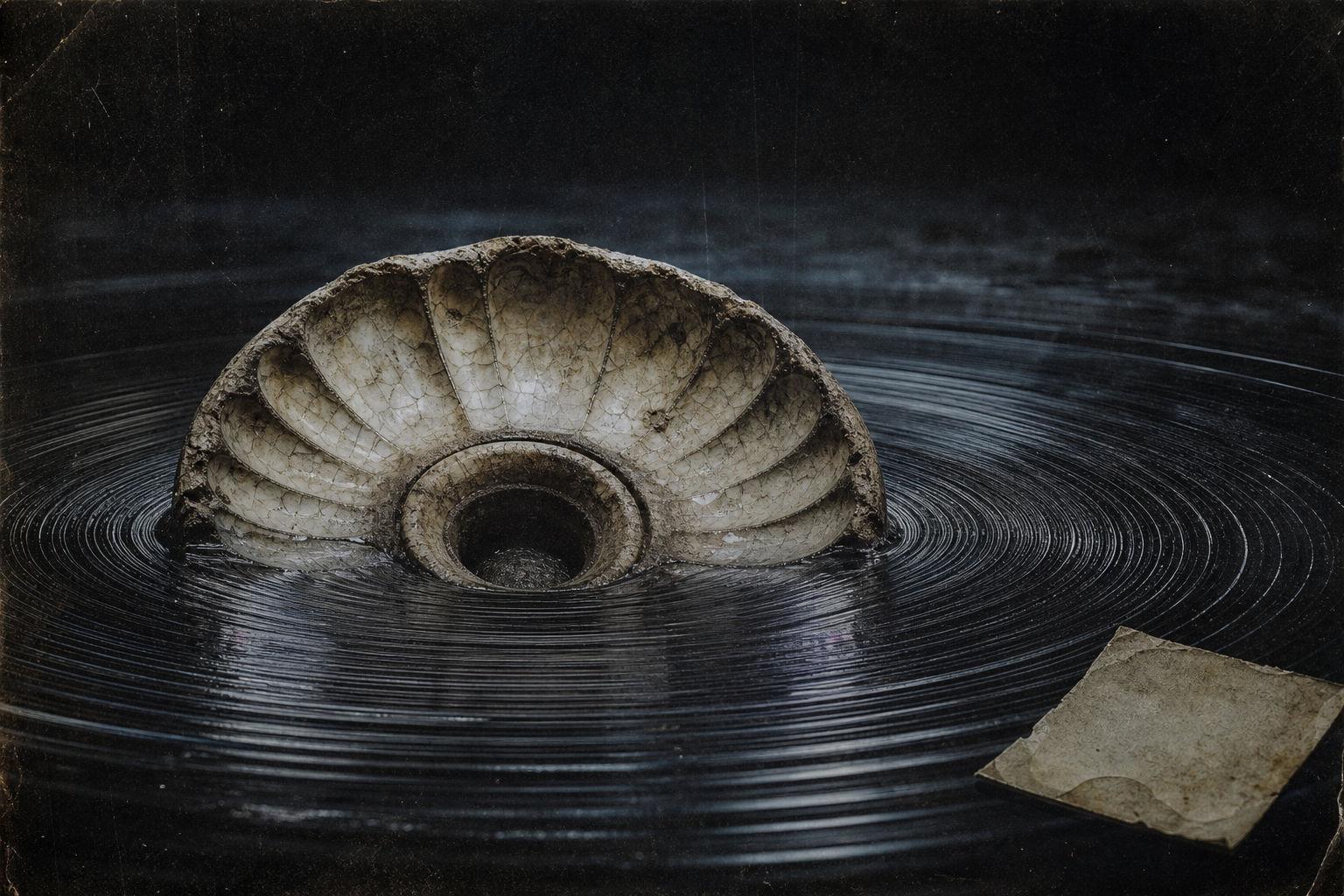 A cracked ceramic rosette rising from dark concentric ripples, with a torn paper fragment at the edge.
