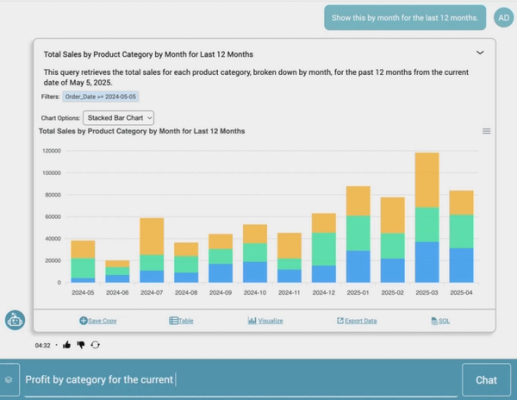 The user types "In-app conversion by screen" and sees a bar chart with conversion percentages.