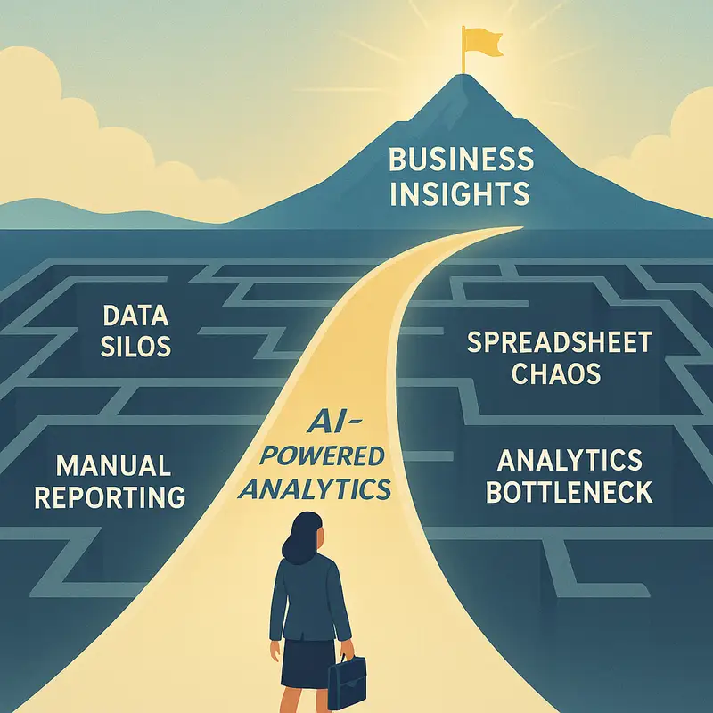 A businessperson faces a maze to the promised land of Business Insights