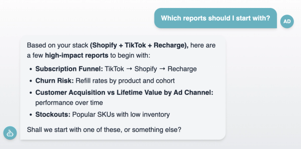 Dashbud's conversational UI suggesting a list of relevant report types based on available data