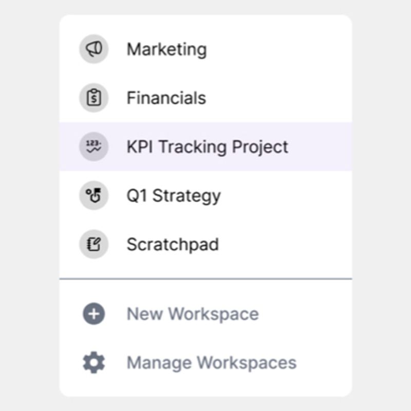 A dropdown showing multiple workspaces: Marketing, Financials, XYZ Partnership, Sales Ops, and Scratchpad