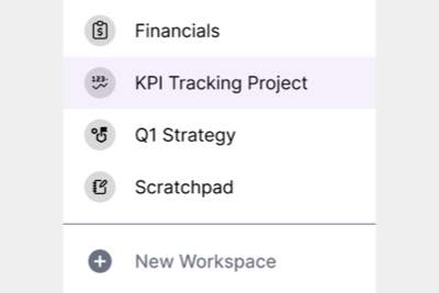 A dropdown showing multiple workspaces: Marketing, Financials, XYZ Partnership, Sales Ops, and Scratchpad