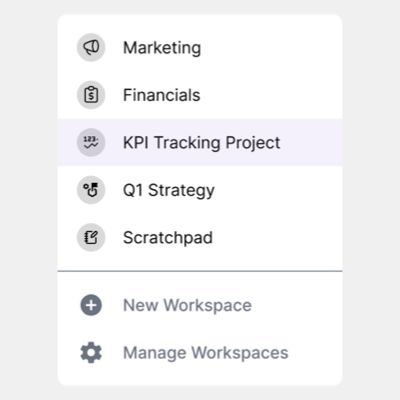 A dropdown showing multiple workspaces: Marketing, Financials, XYZ Partnership, Sales Ops, and Scratchpad