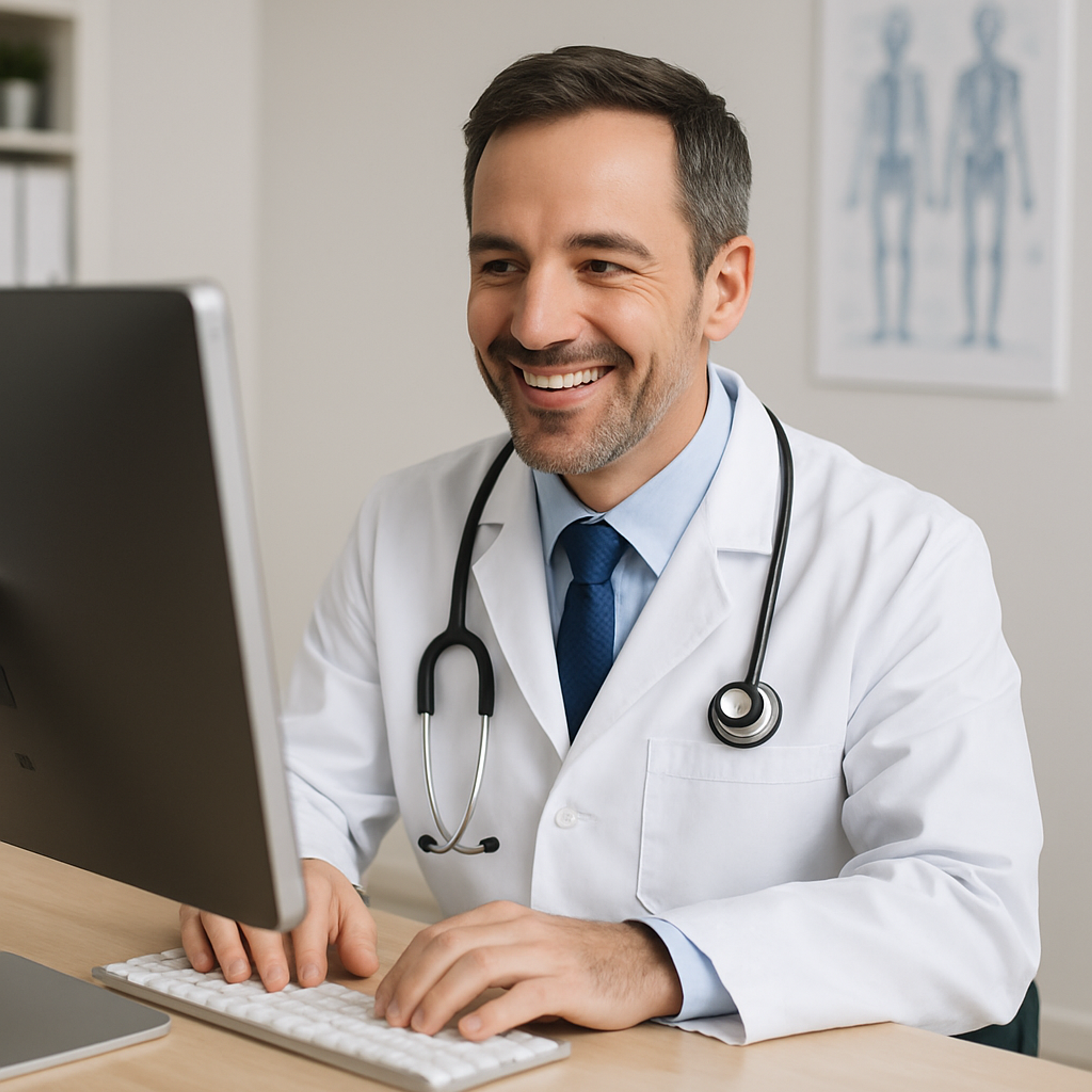 a doctor with a stethoscope around his neck is typing on a computer