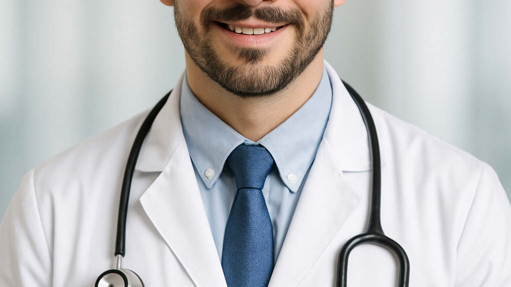 a smiling doctor with a stethoscope around his neck