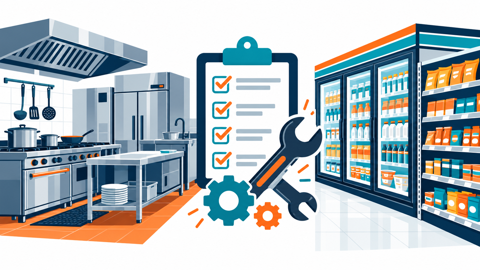 Illustration of a restaurant kitchen and a convenience store cooler aisle joined by a maintenance checklist.