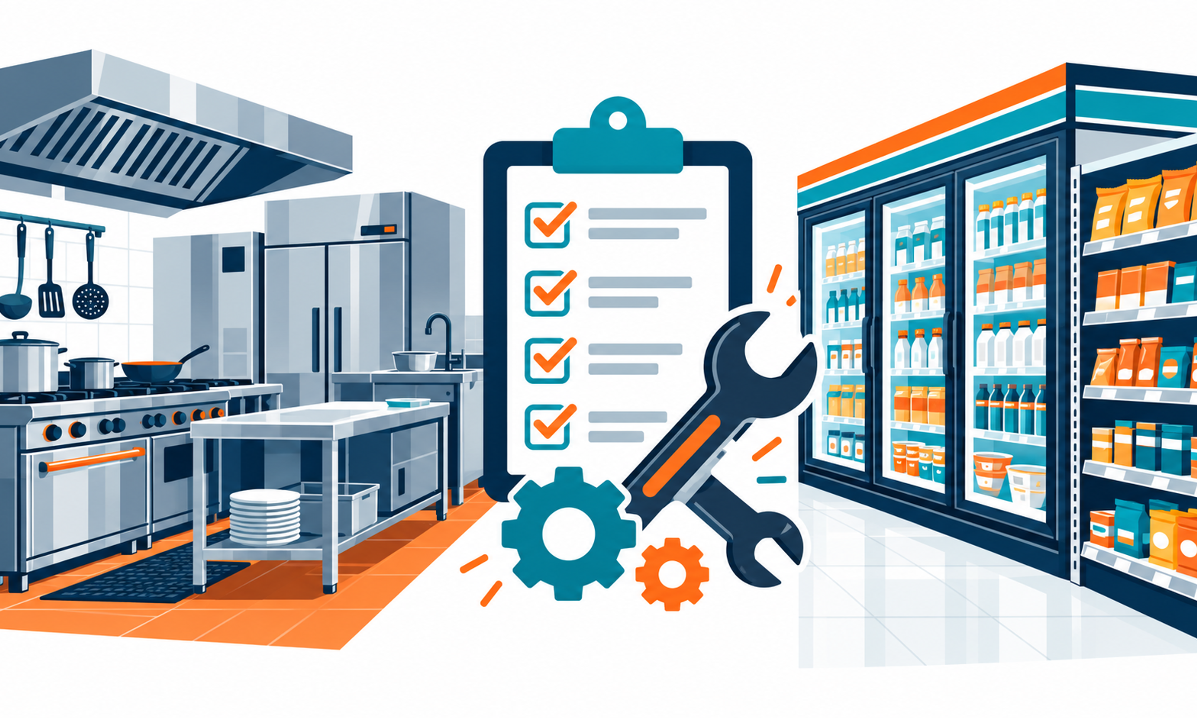 Illustration of a restaurant kitchen and a convenience store cooler aisle joined by a maintenance checklist.