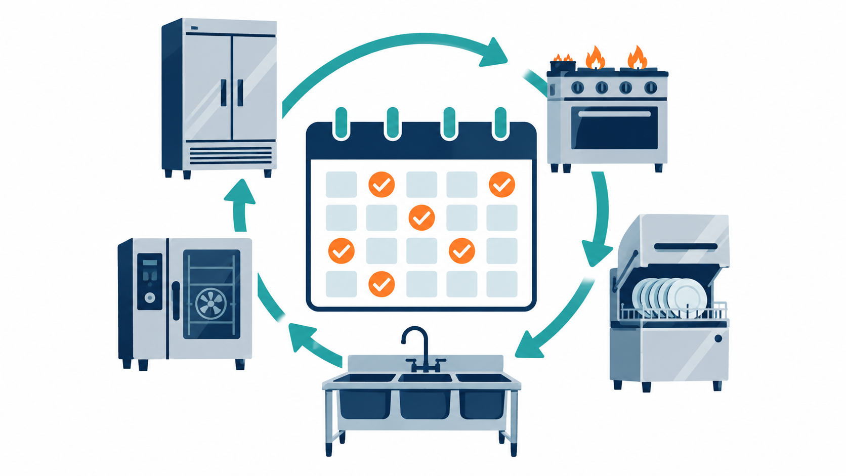 Illustration of restaurant kitchen equipment arranged around a maintenance calendar.