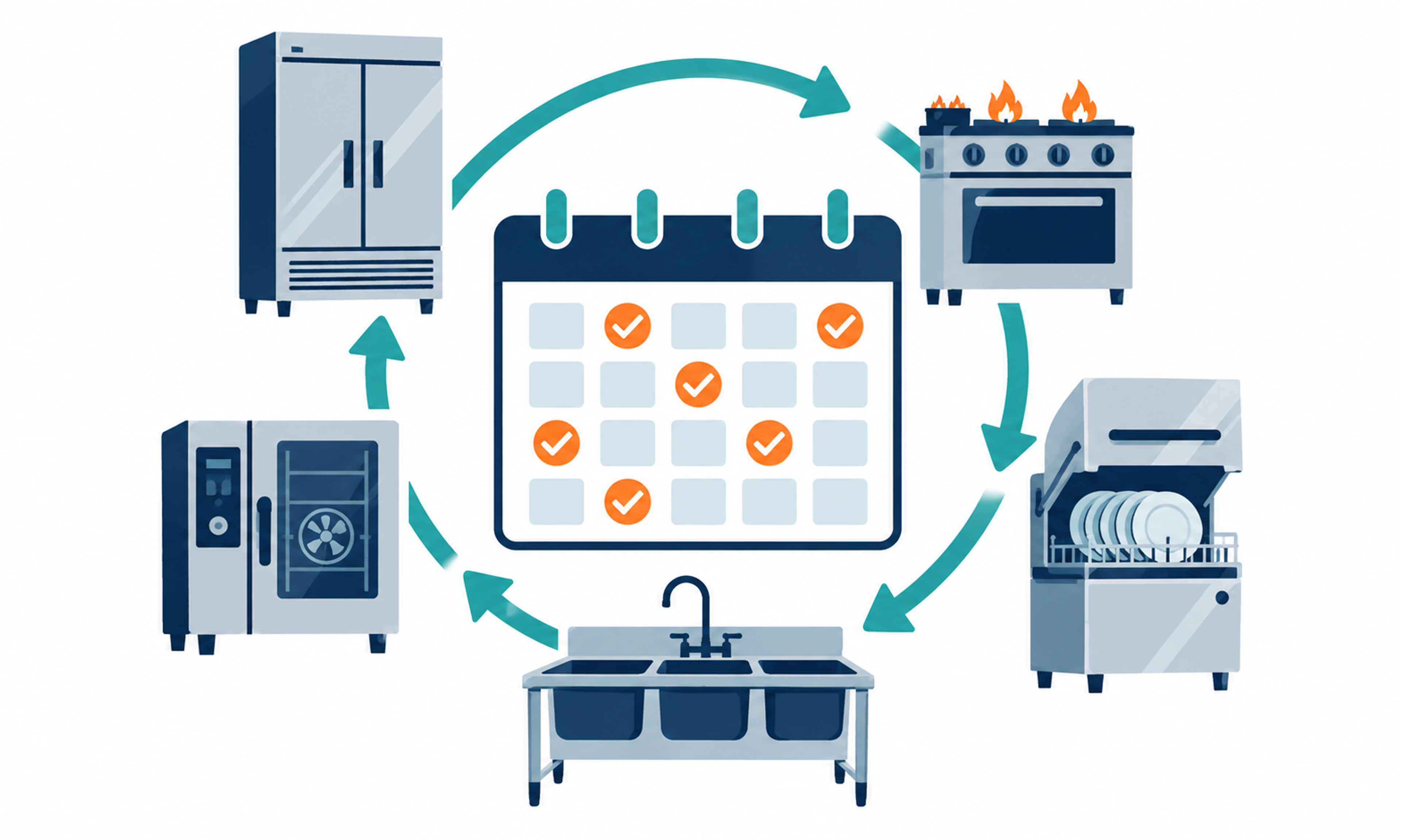 Illustration of restaurant kitchen equipment arranged around a maintenance calendar.