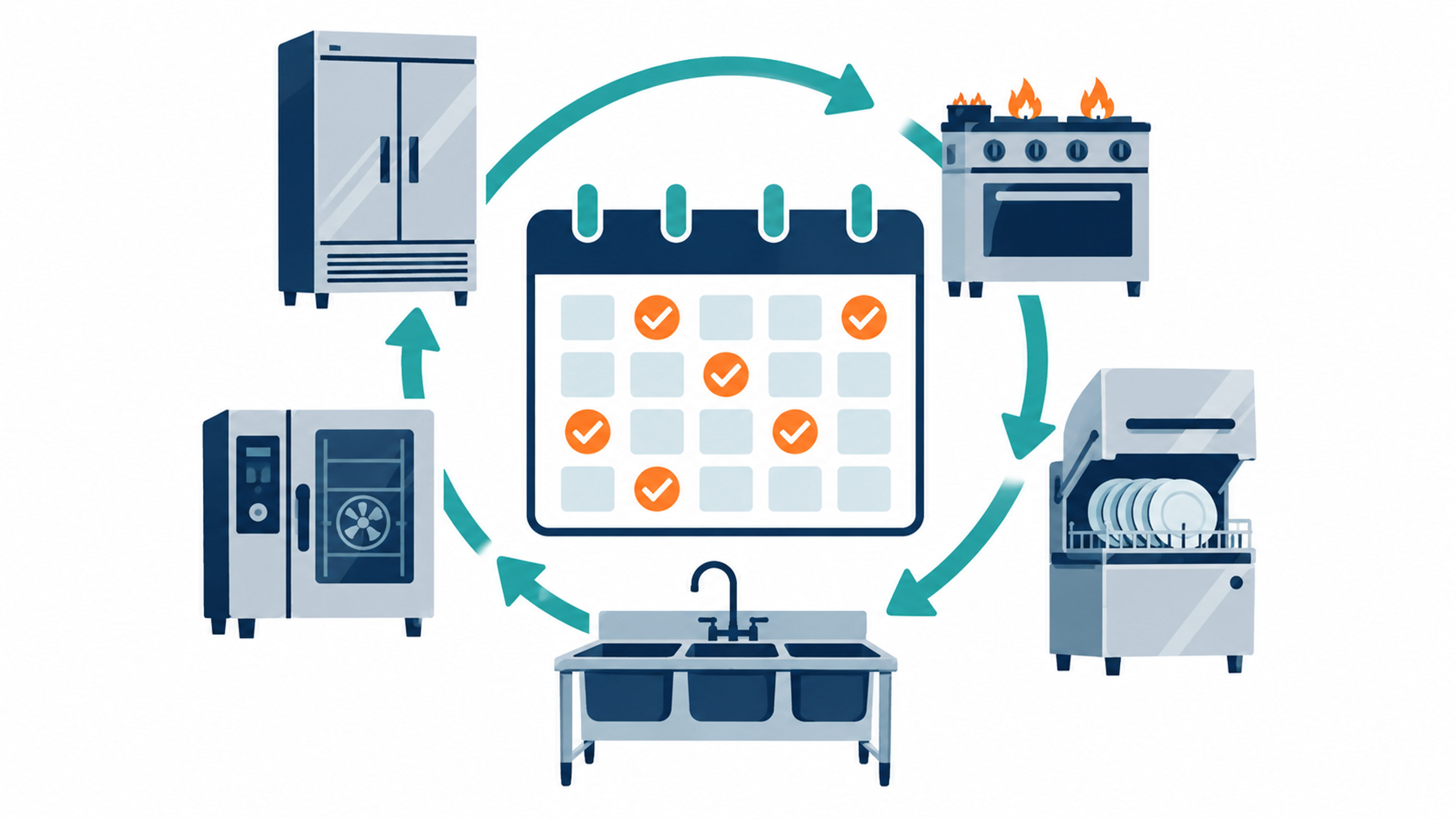 Illustration of restaurant kitchen equipment arranged around a maintenance calendar.