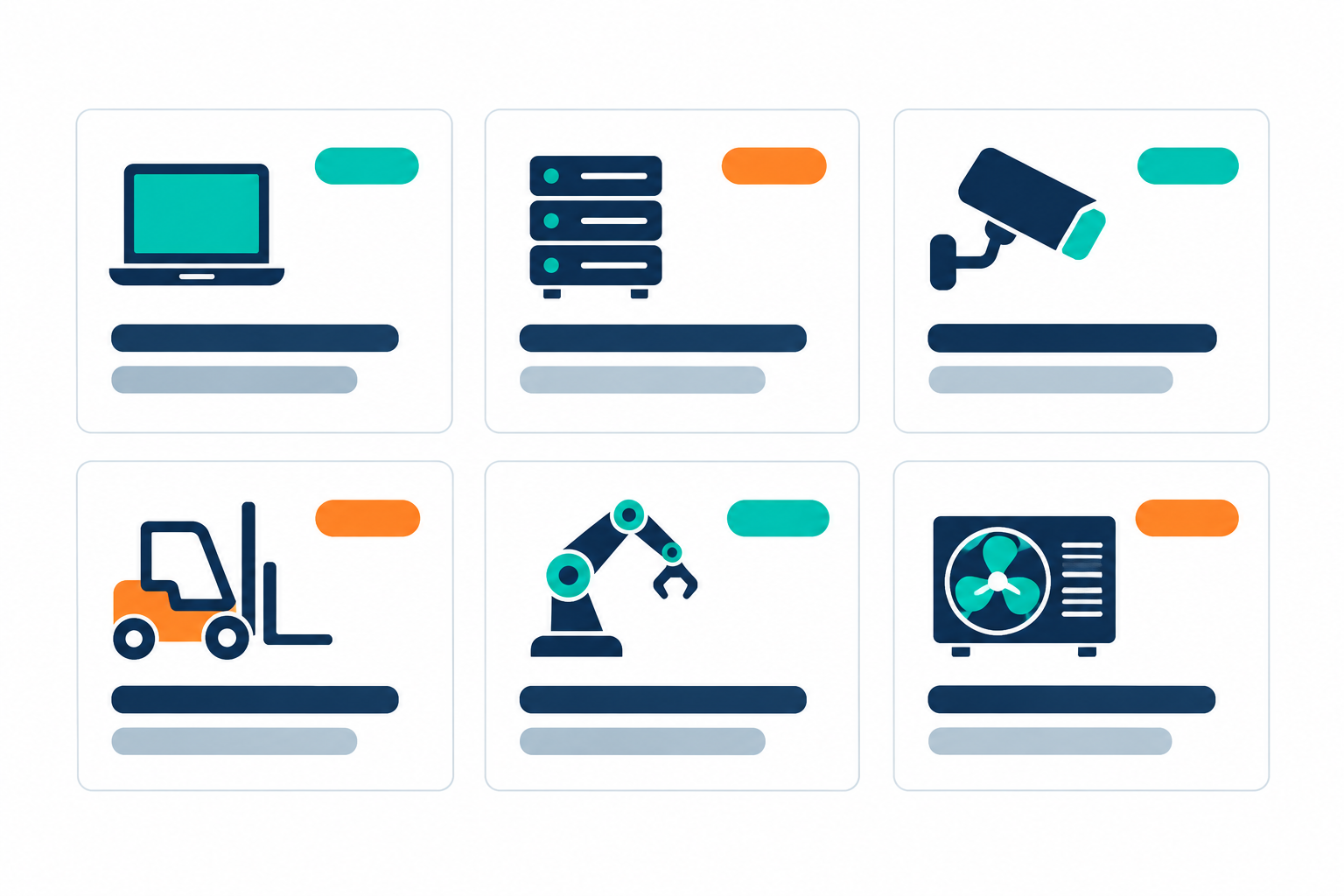 Illustration of an equipment register shown as a grid of asset cards.