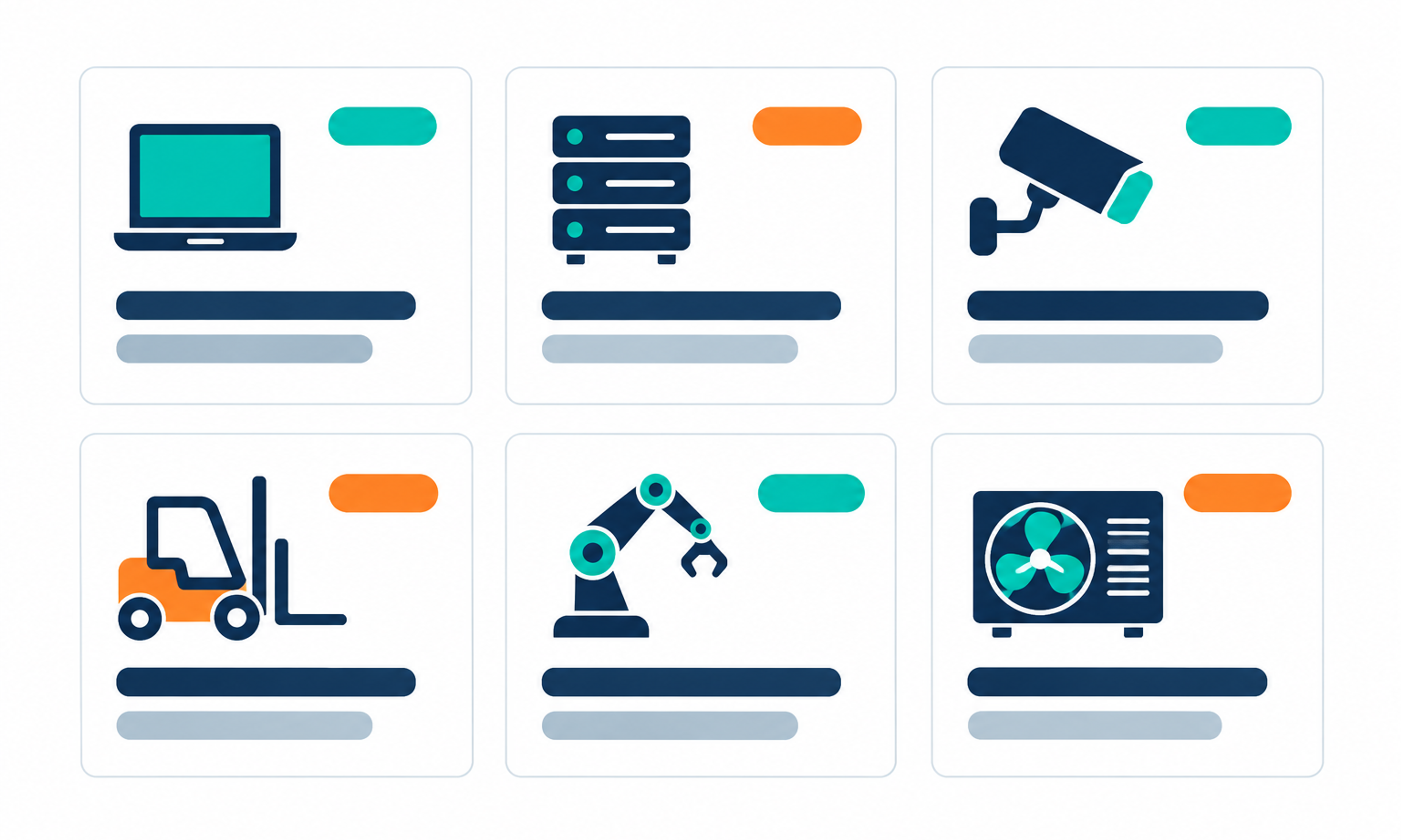 Illustration of an equipment register shown as a grid of asset cards.