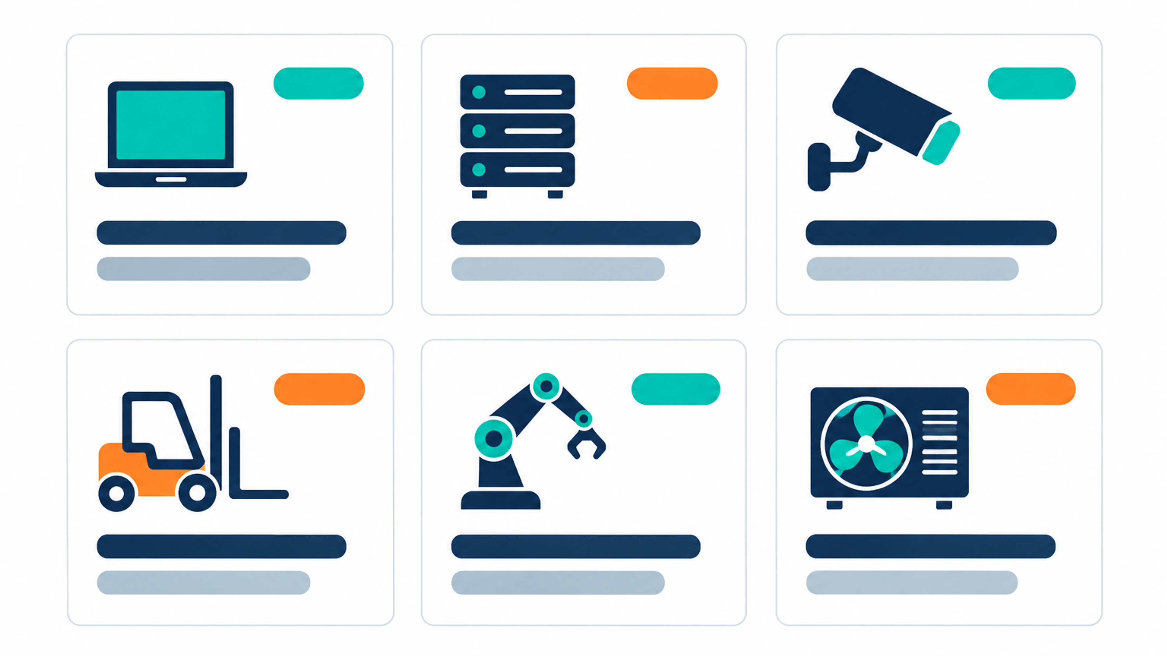Illustration of an equipment register shown as a grid of asset cards.