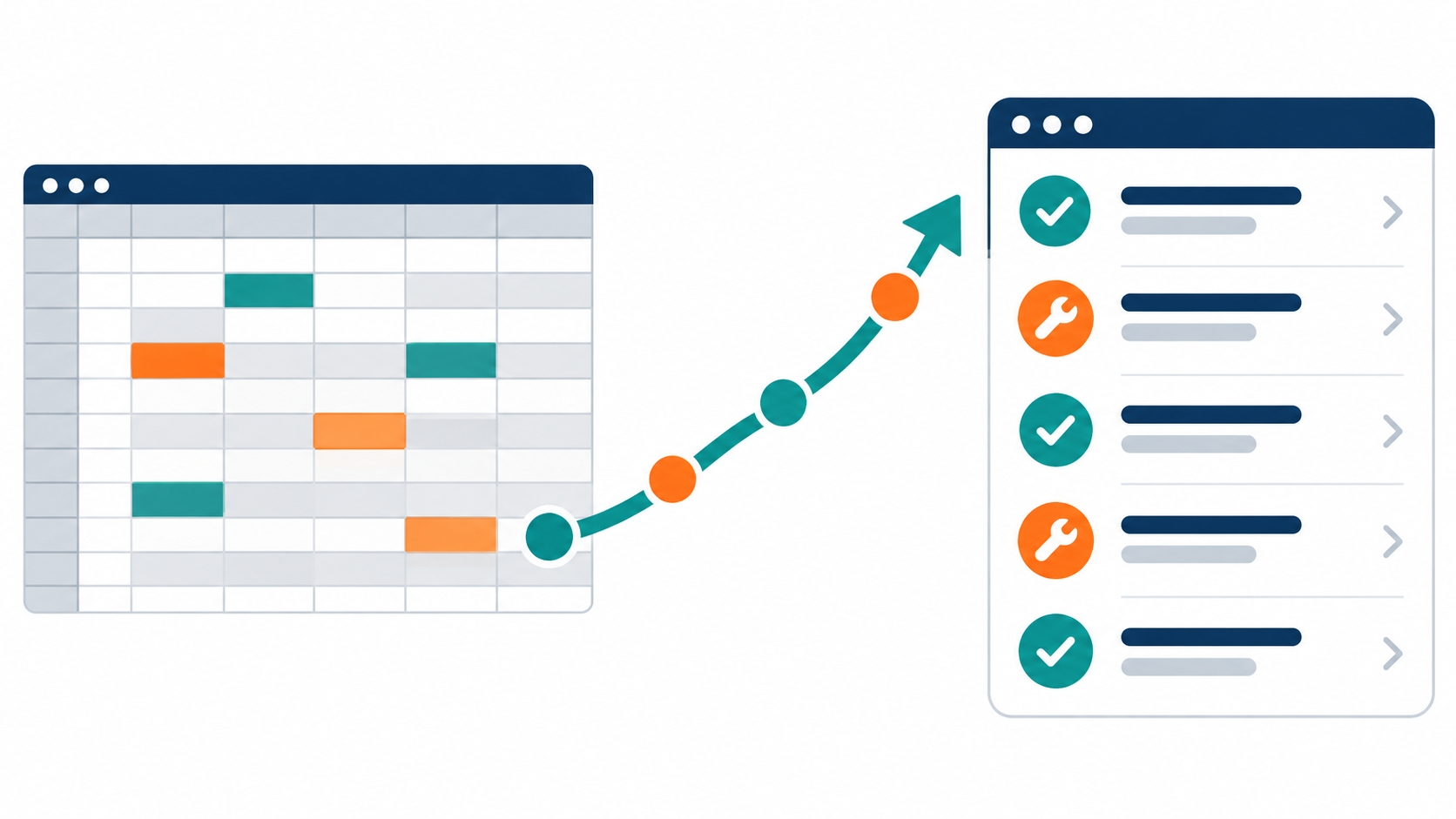 Illustration of a spreadsheet grid with an arrow leading up to a software checklist view.
