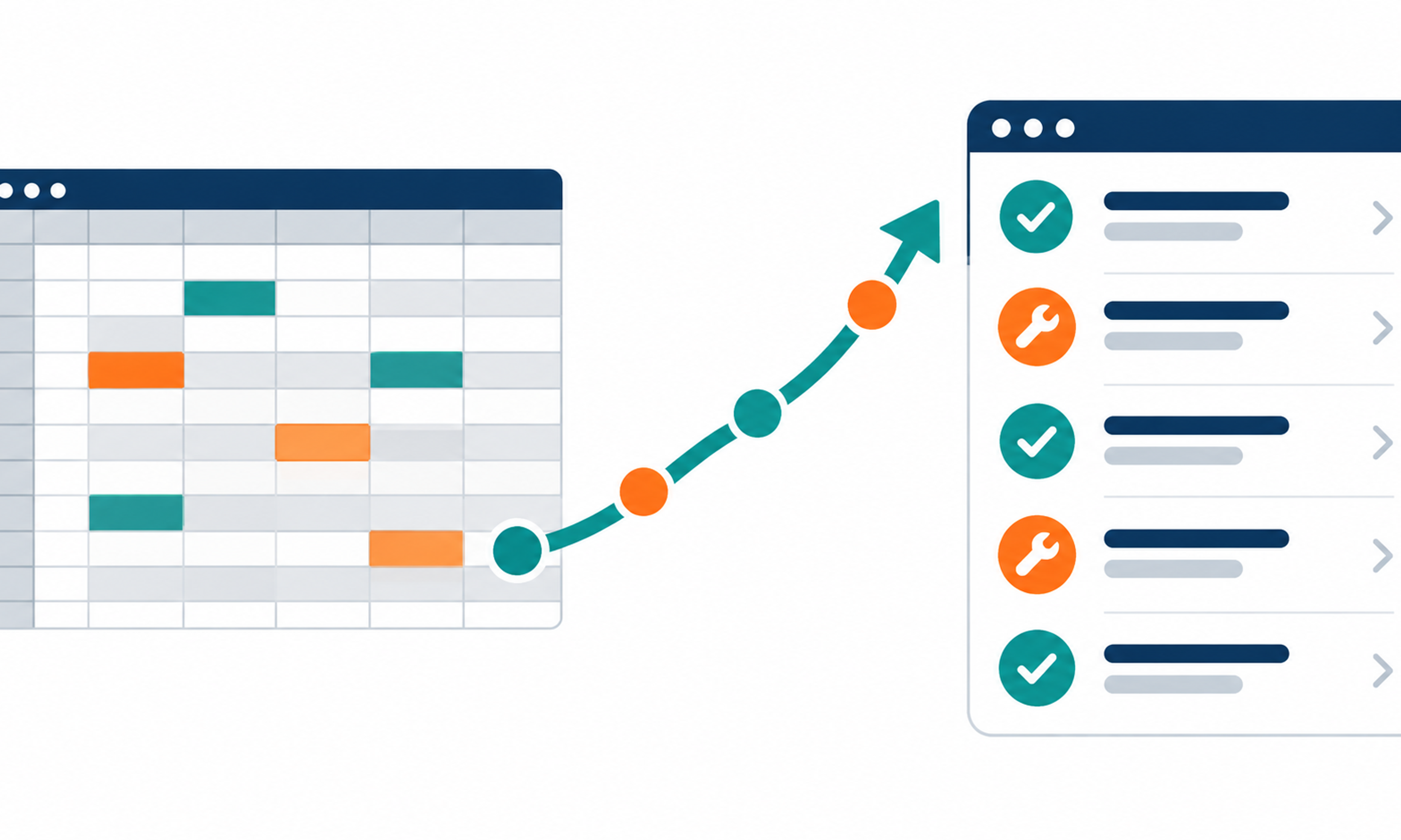 Illustration of a spreadsheet grid with an arrow leading up to a software checklist view.