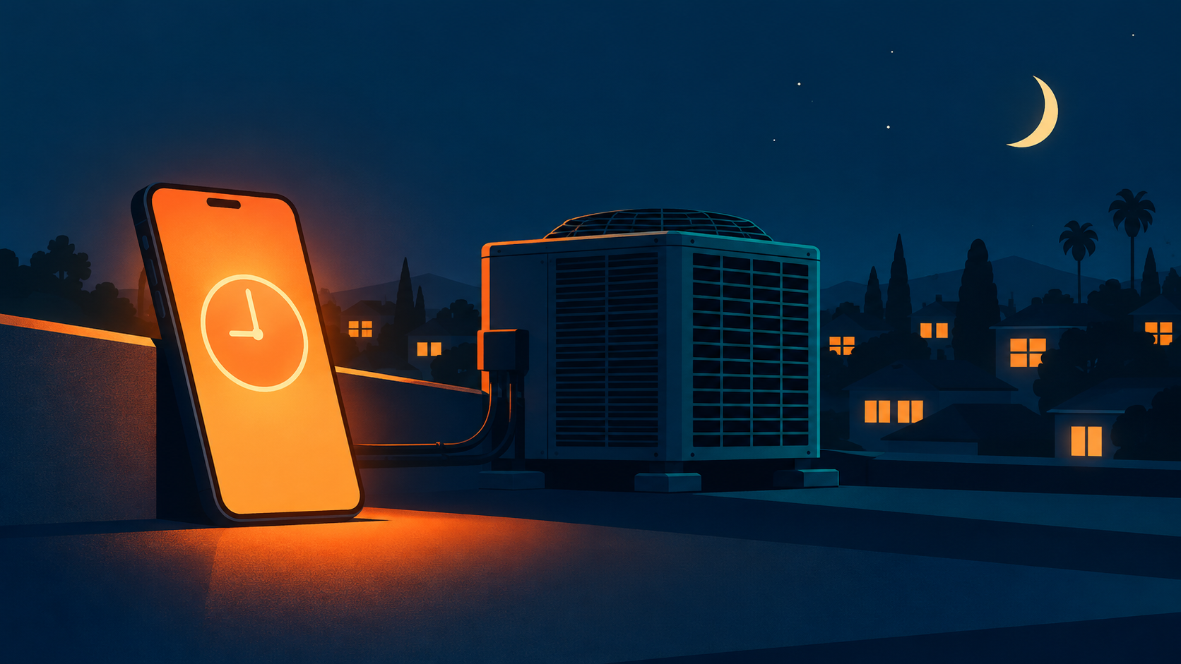 Illustration of a phone lighting up at night beside a rooftop air conditioning unit.
