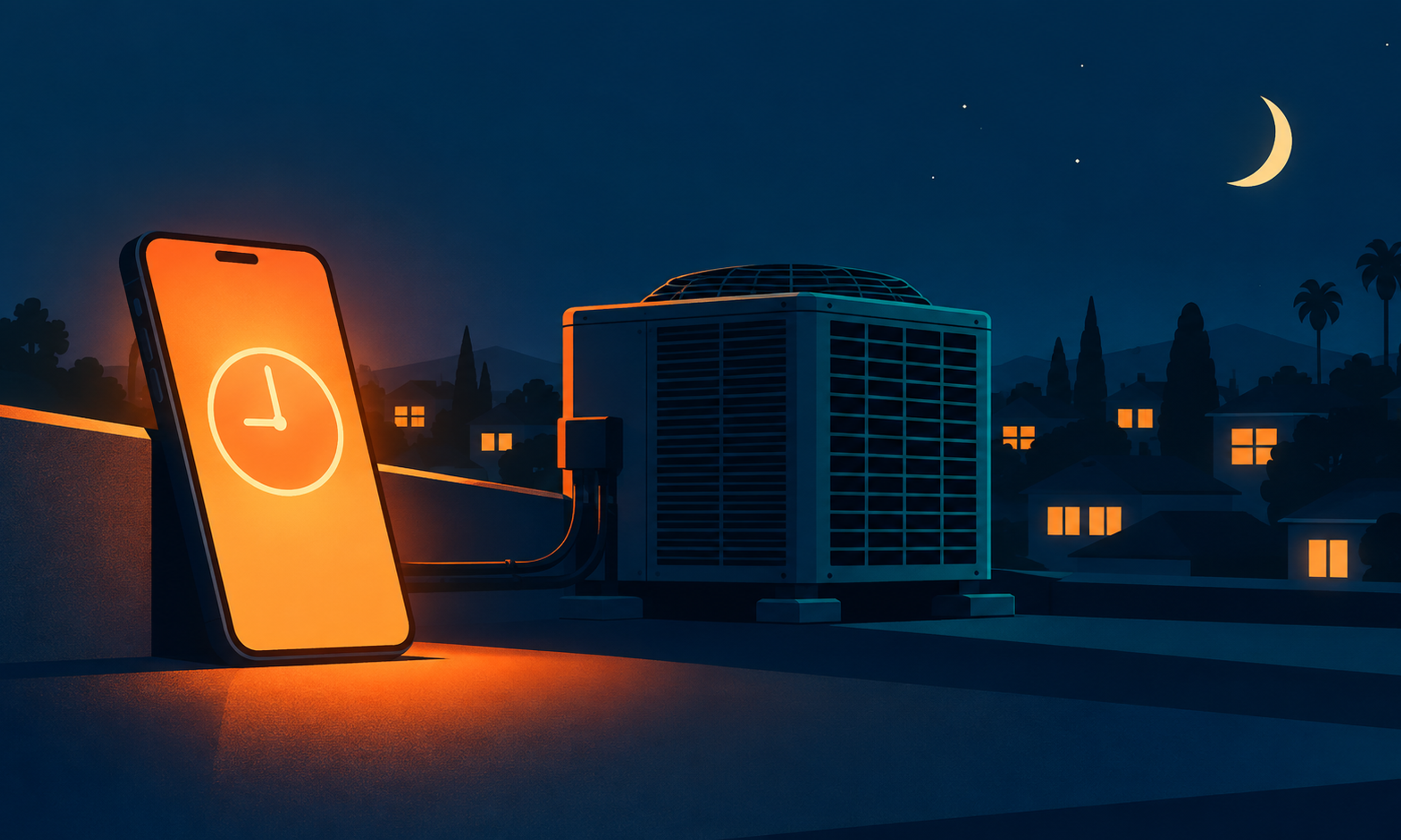 Illustration of a phone lighting up at night beside a rooftop air conditioning unit.